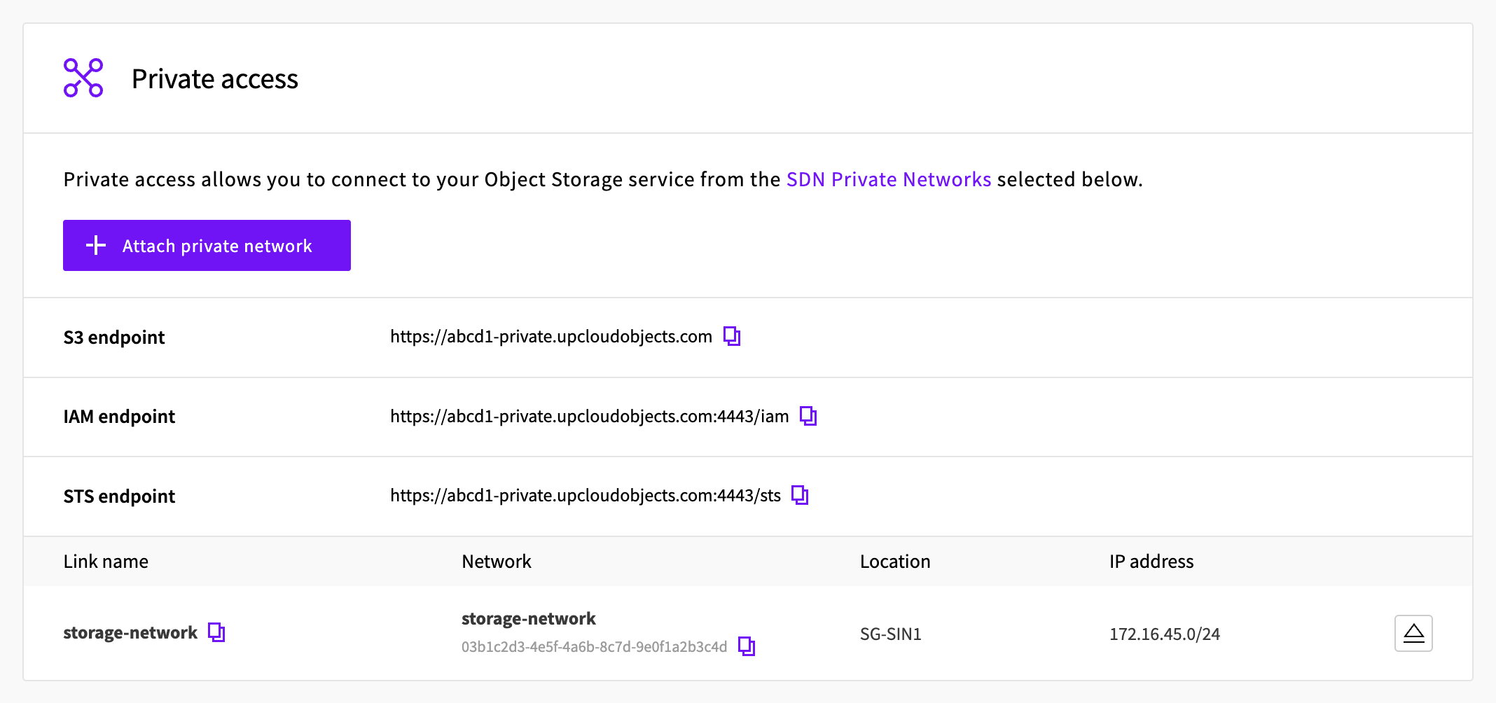 Private access section with an attached network