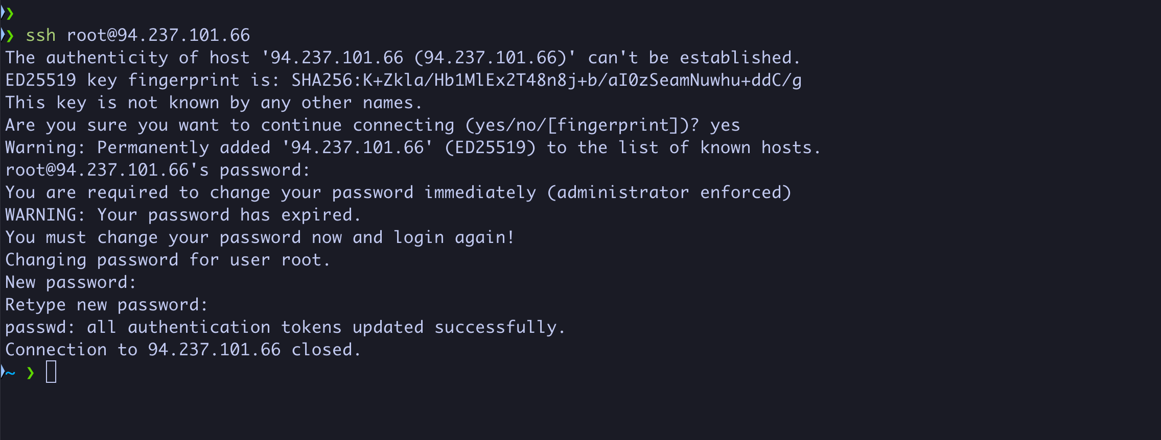 Terminal showing the password change after logging in with the one-time password