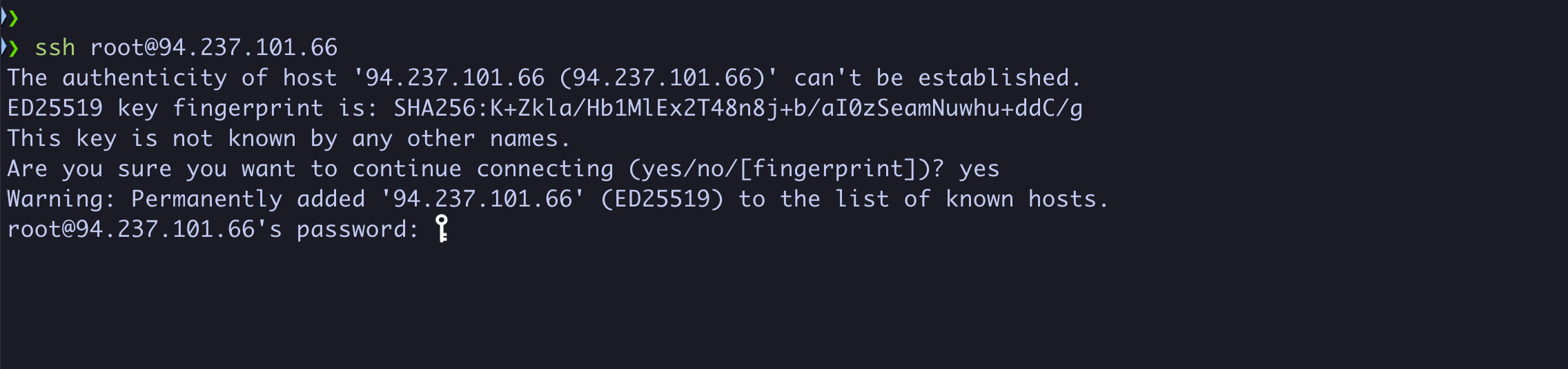 Terminal showing the ssh command and the password prompt