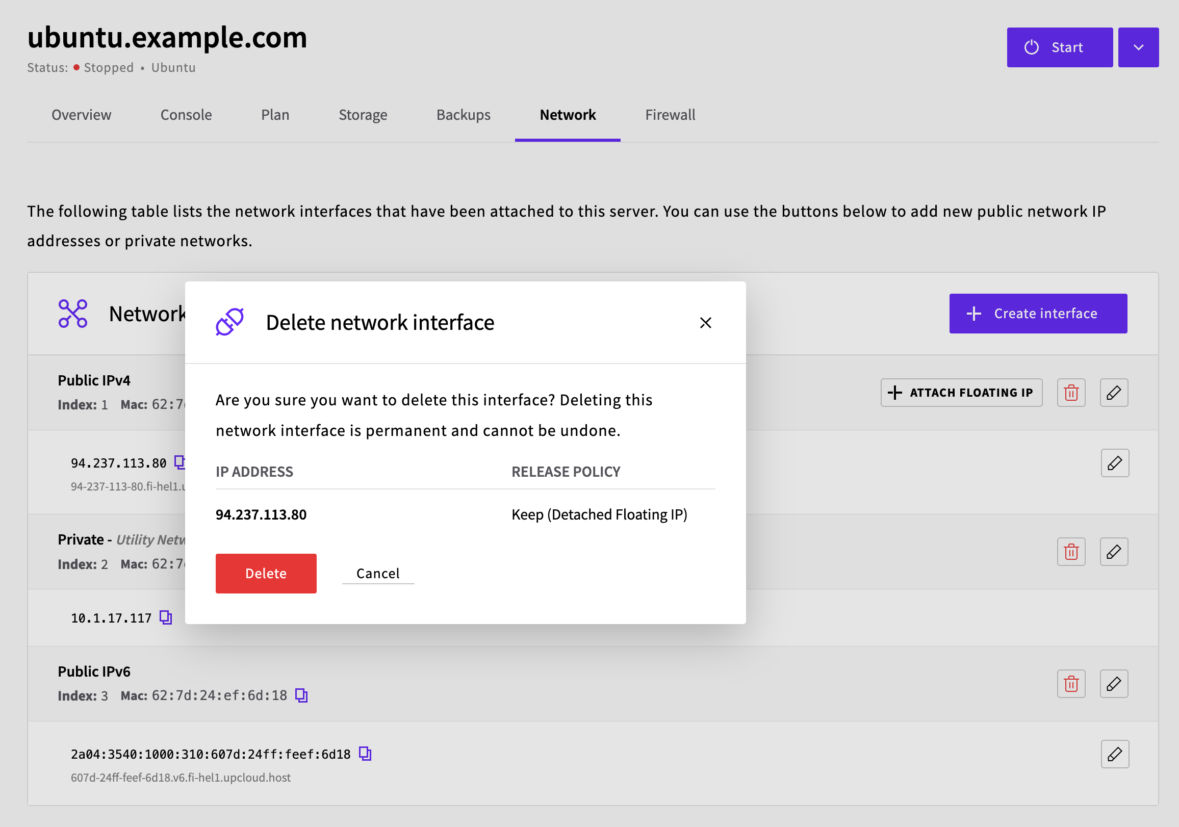 Delete network interface confirmation showing Keep (Detached Floating IP) release policy