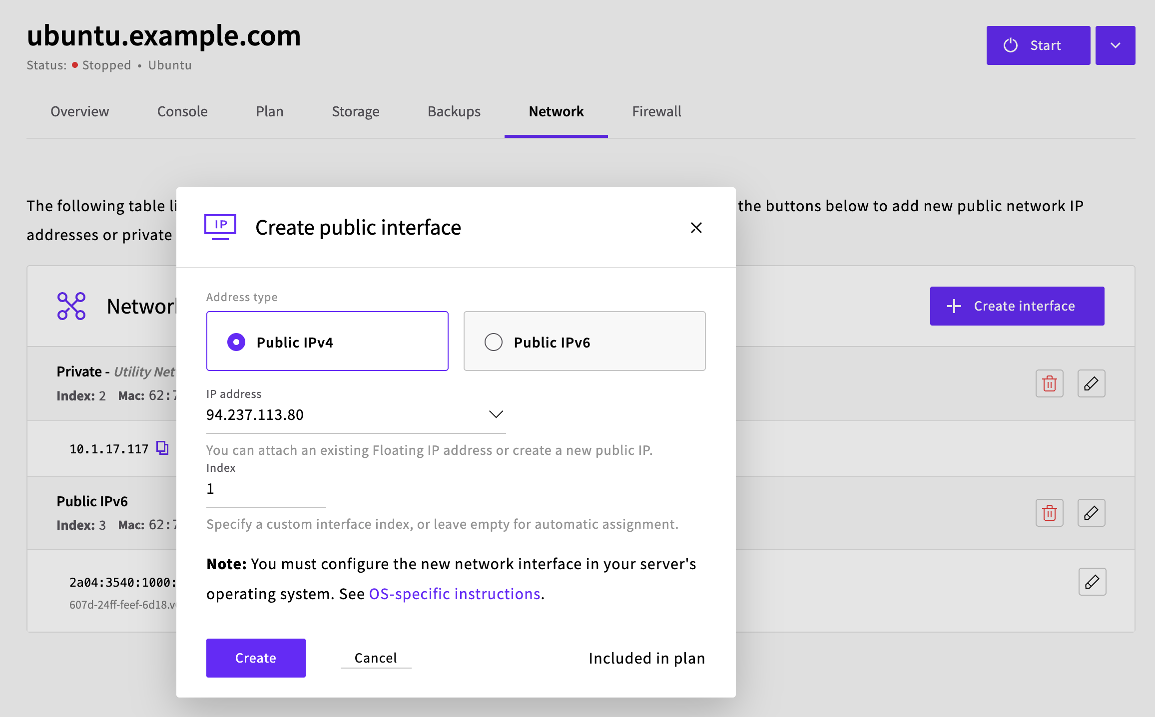 Network interfaces page with Create interface button highlighted
