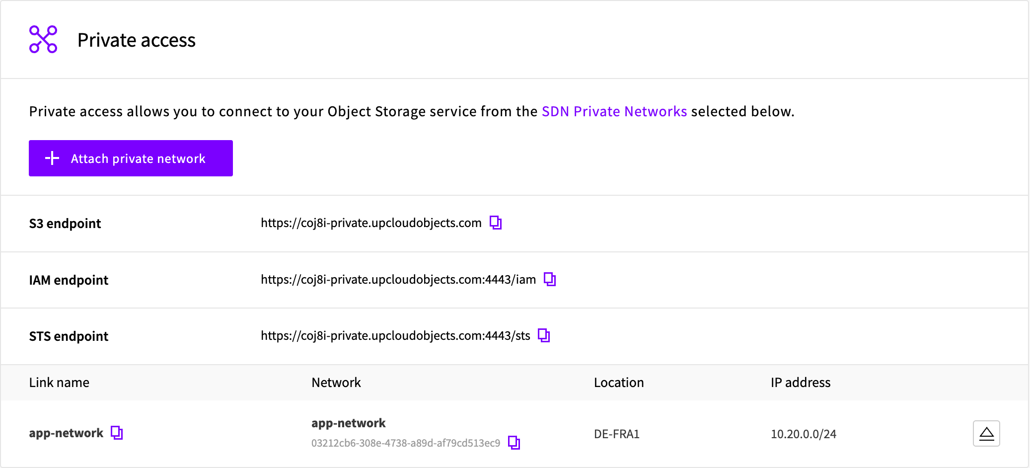 Private access section with an attached network