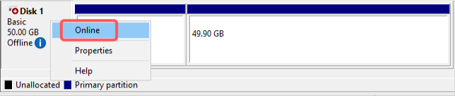 Bringing the new disk online in Disk Management