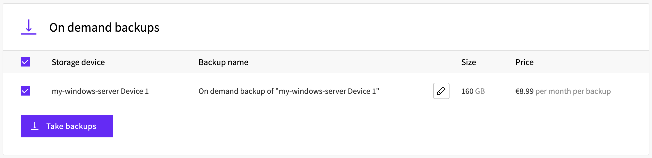 Creating an on-demand backup for Windows Server