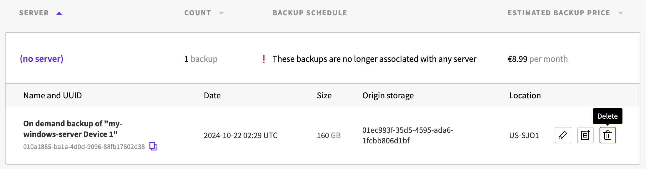 Deleting the old backup in UpCloud Control Panel