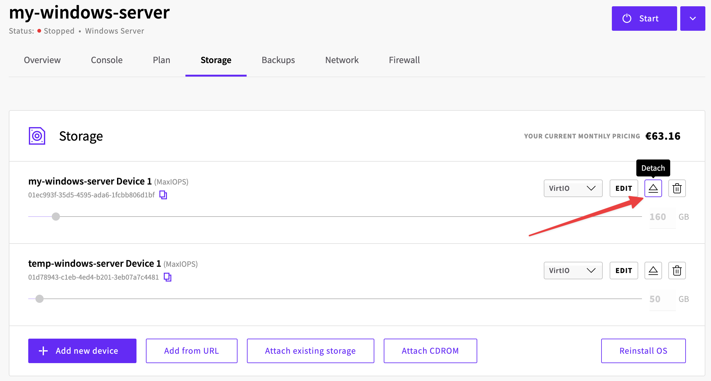 Detaching the larger storage device in UpCloud Control Panel
