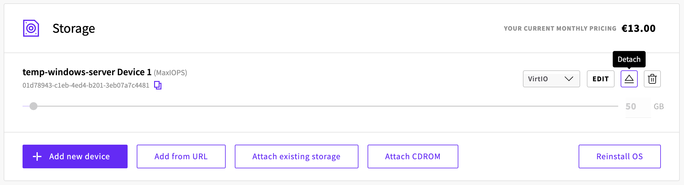 Detaching storage from the temporary Windows Server