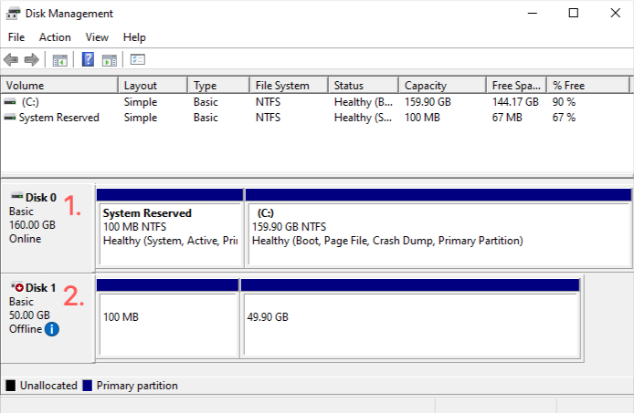 Disk Management view showing multiple storage devices