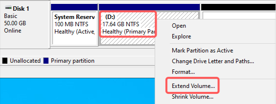 Extending volume with unallocated space in Disk Management