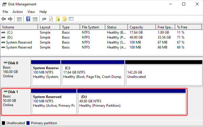 Disk Management showing the extended disk volume