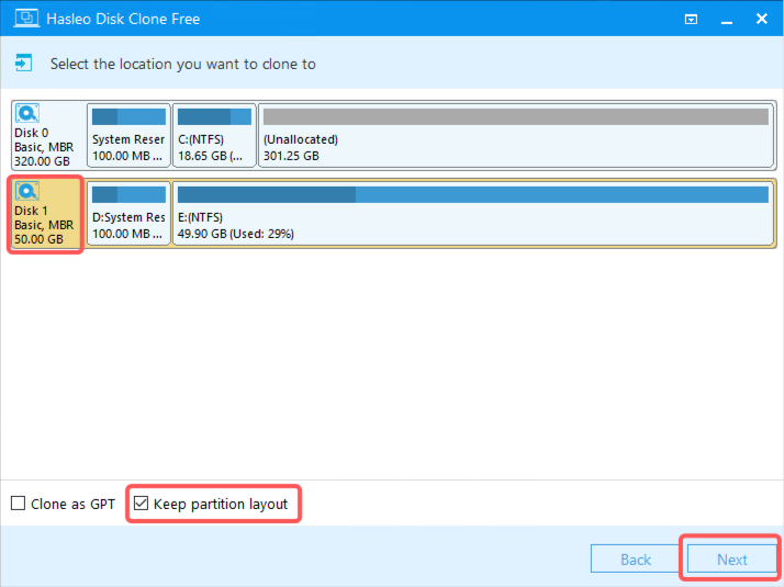 Selecting the destination disk for cloning in Hasleo Disk Clone