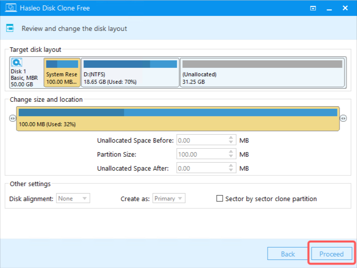 Configuring clone settings in Hasleo Disk Clone