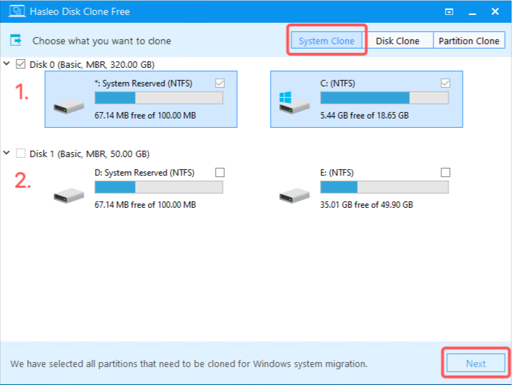Selecting System Clone option in Hasleo Disk Clone
