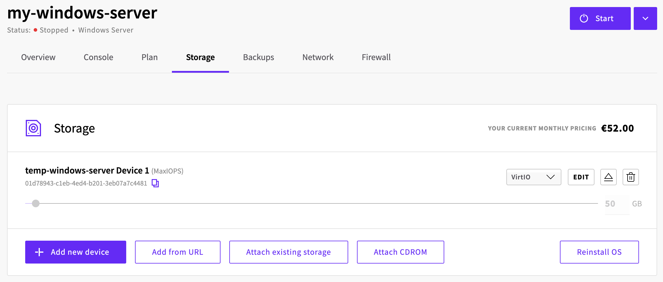 UpCloud Control Panel showing only the smaller drive attached