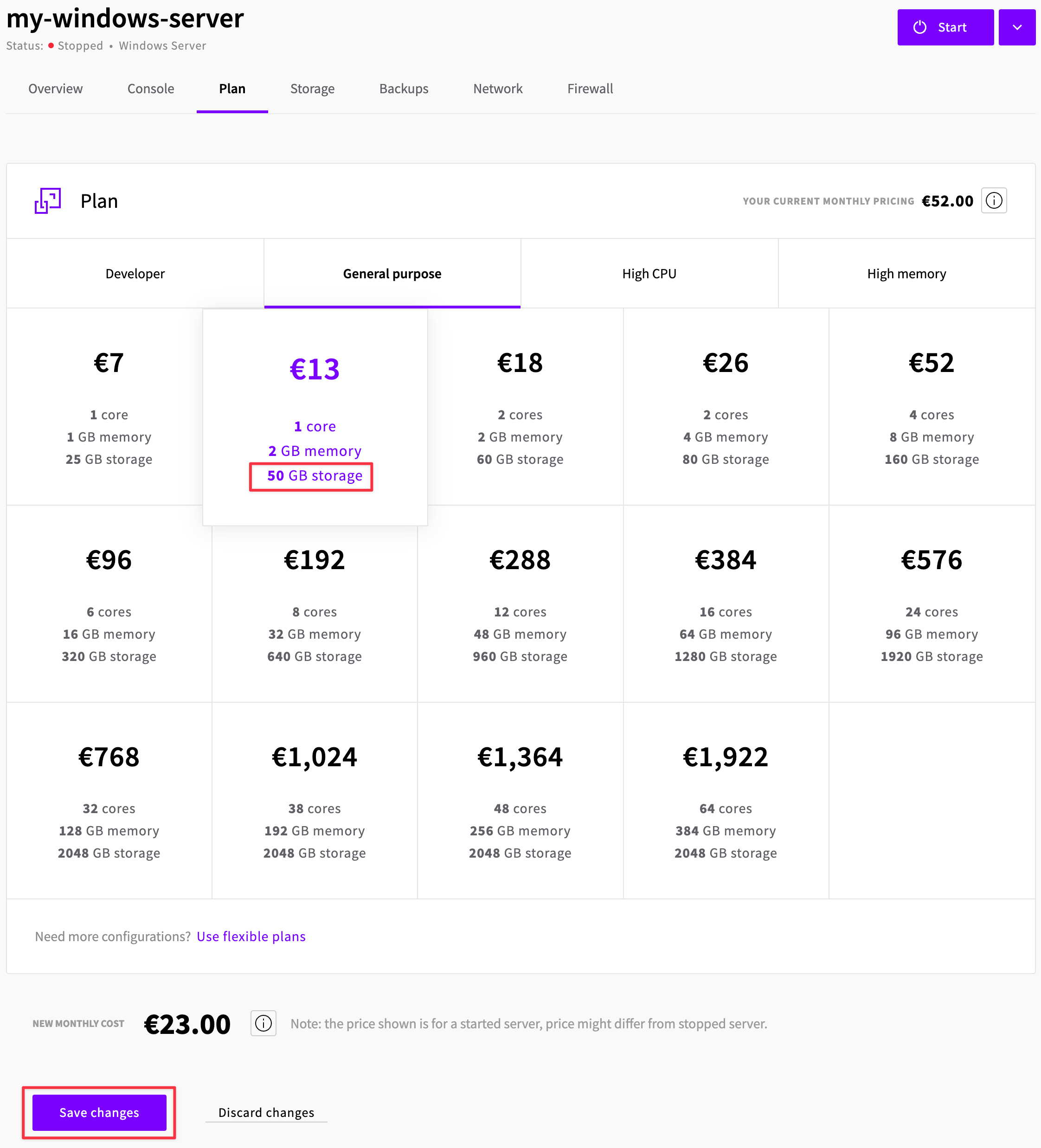 Selecting a new server plan in UpCloud Control Panel