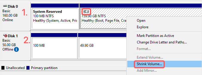 Shrinking the C: drive in Disk Management