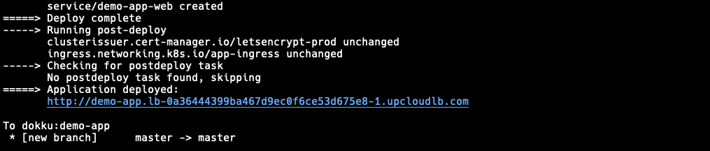 The output of git push shows the URL for the app