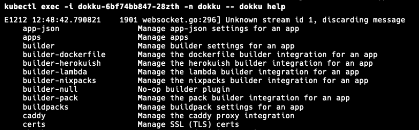 The output of the dokku help command, executed remotely in a Kubernetes pod