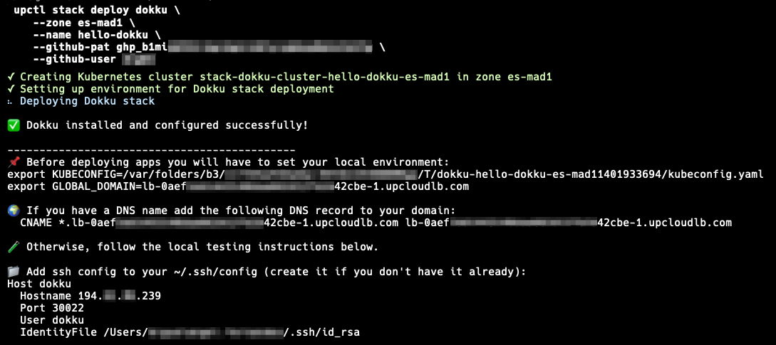 The final output of the command to deploy Dokku on Kubernetes