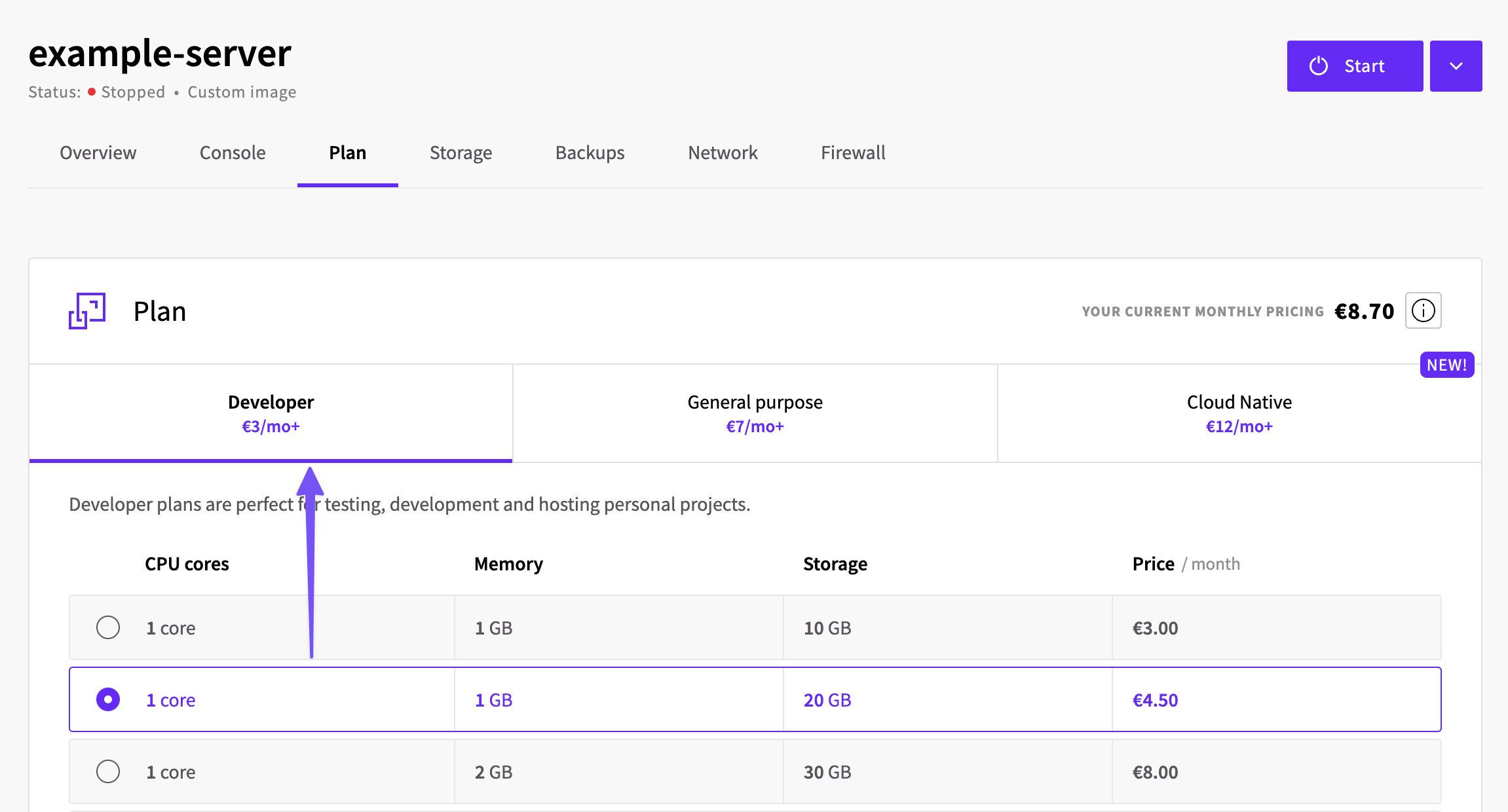 Plan selection page in the control panel
