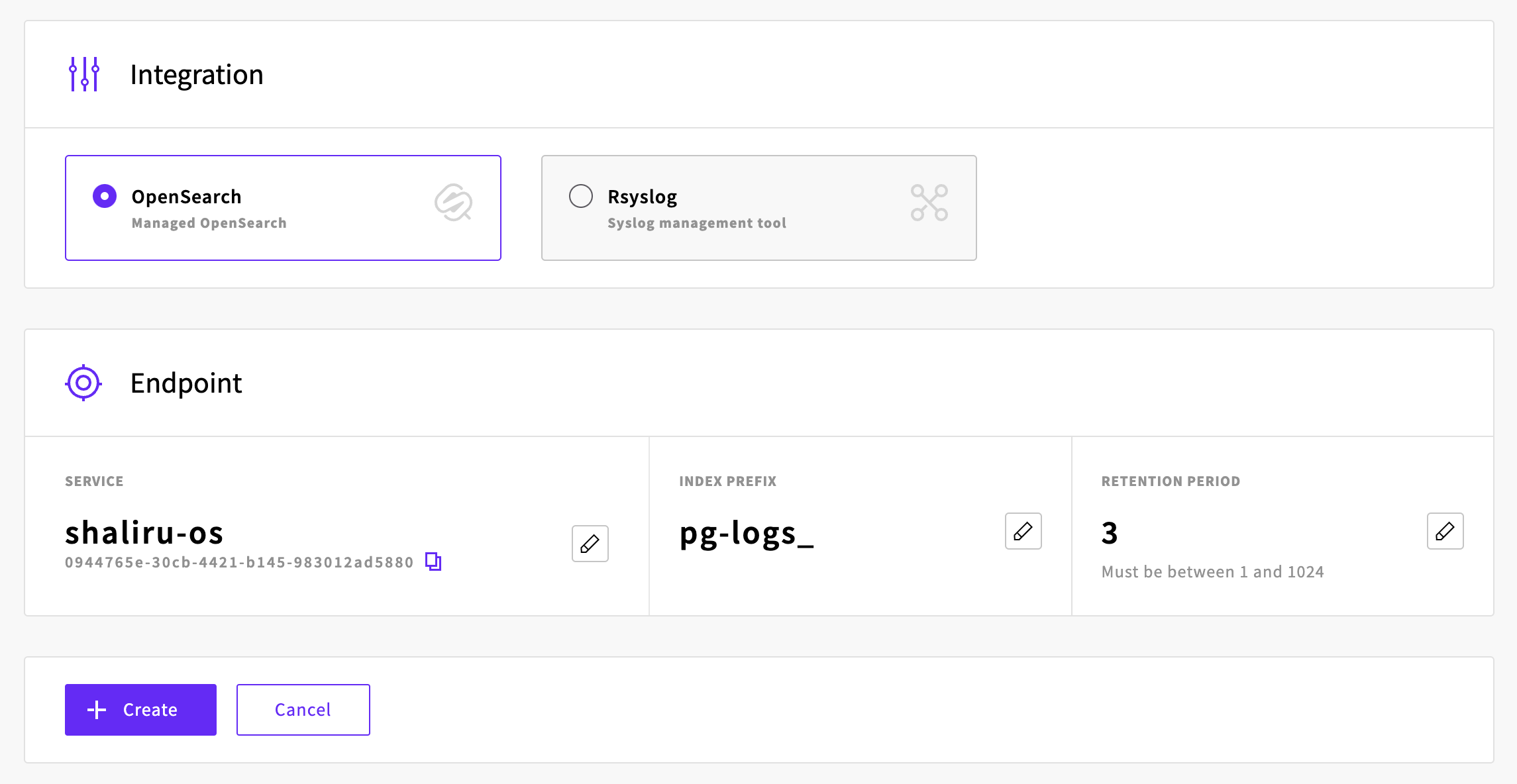 A button labeled 'Create database integration' under the Logs tab