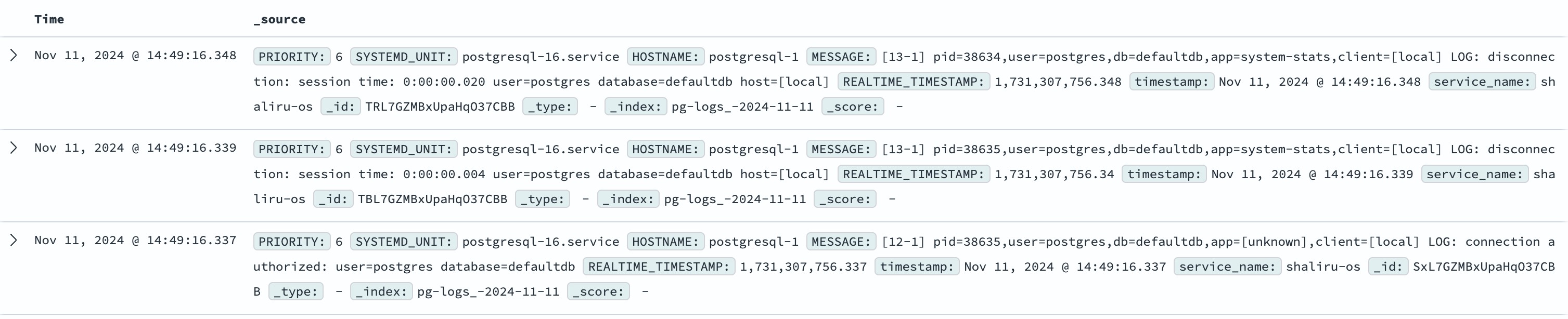 Log view showing _source field with all available information