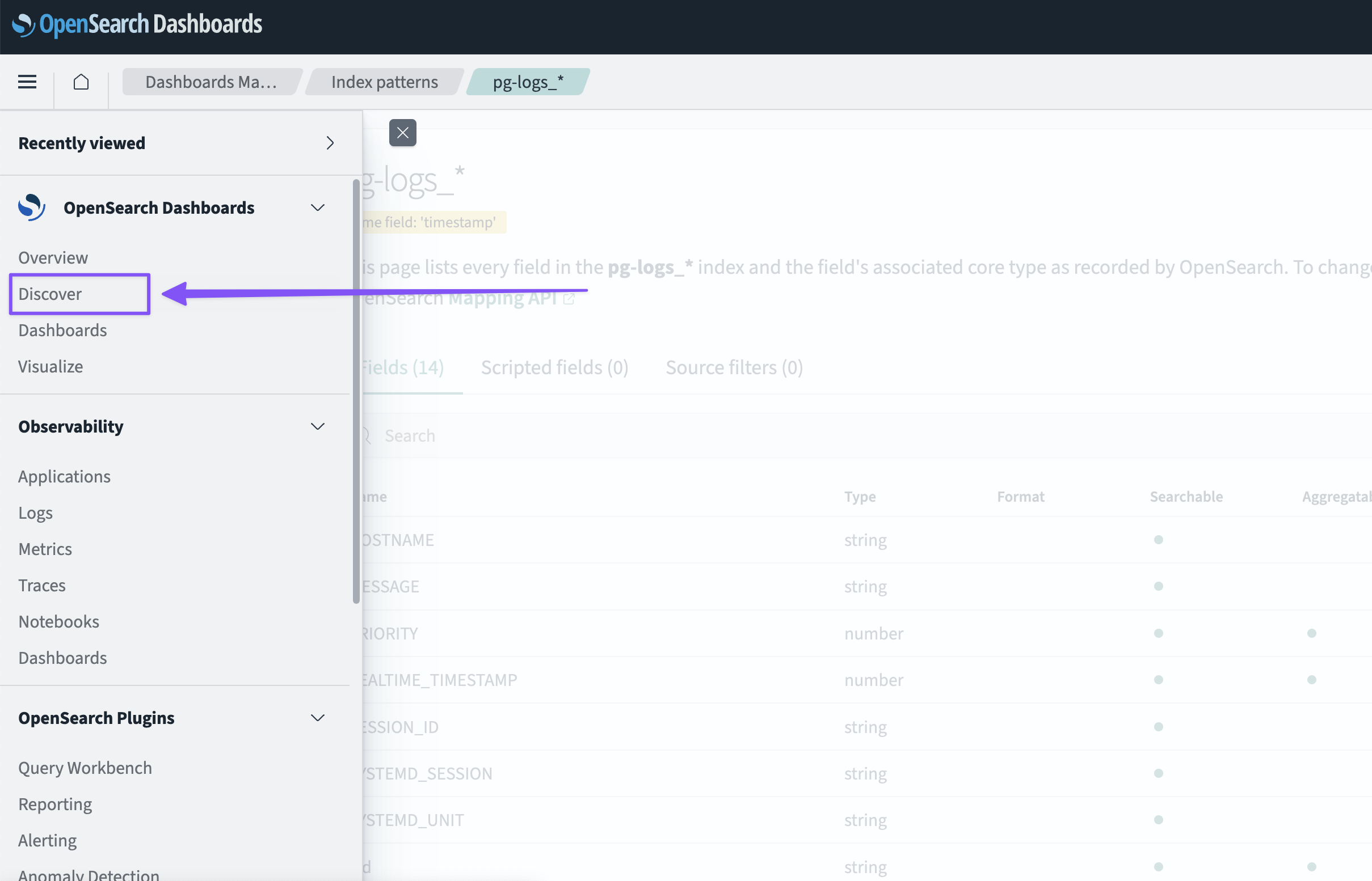 OpenSearch dashboard menu with 'Discover' option highlighted