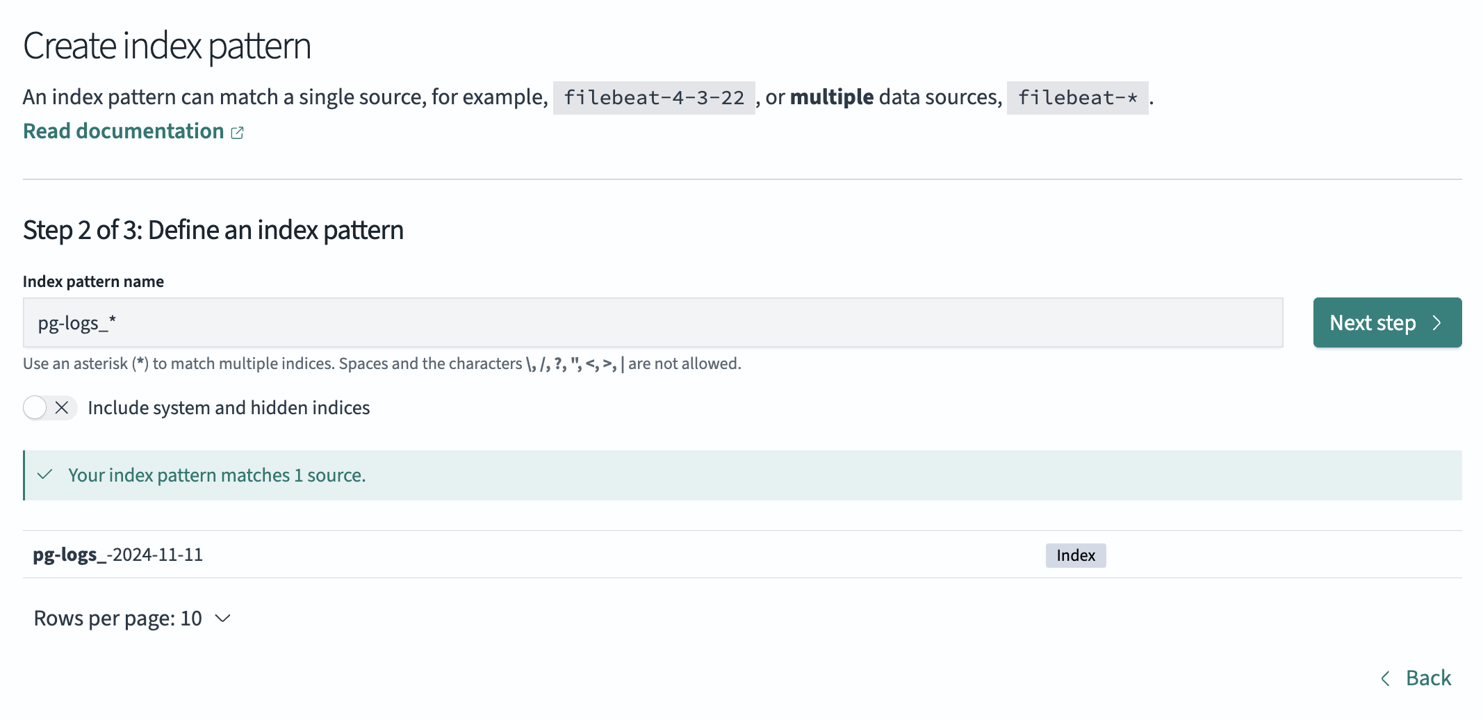 Index pattern creation screen showing pattern input field