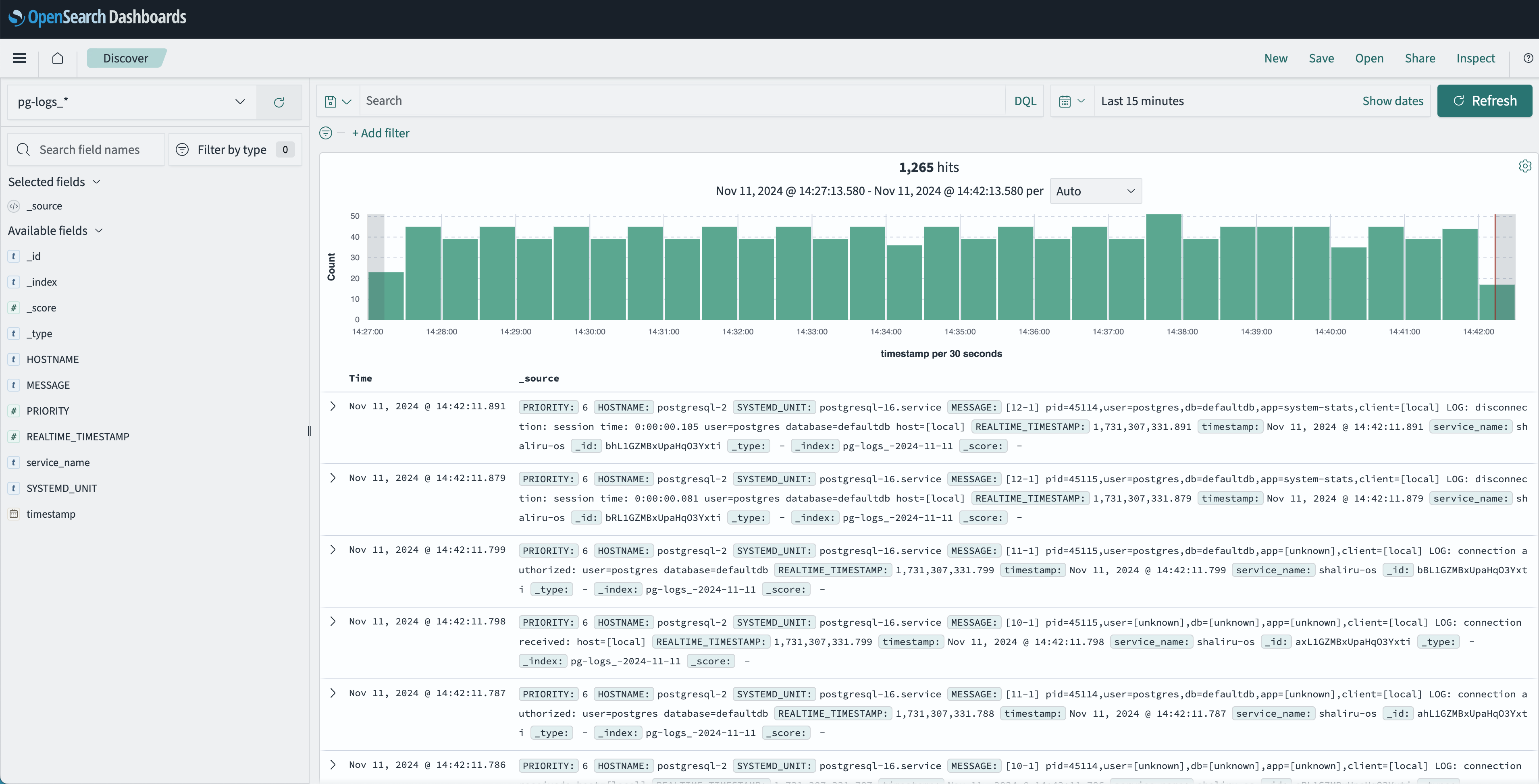 The Discover page showing log entries from the Managed Database