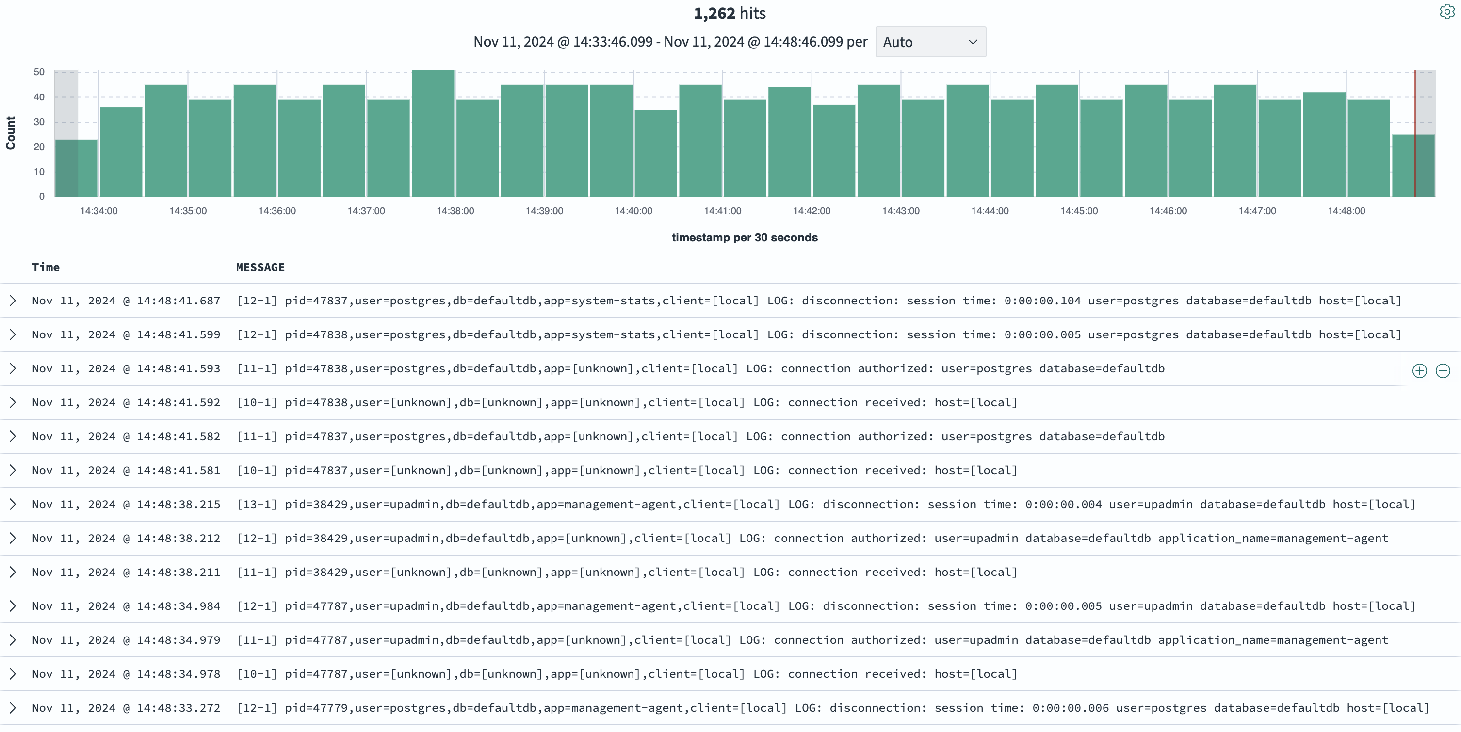 Log view showing only the MESSAGE field as a column
