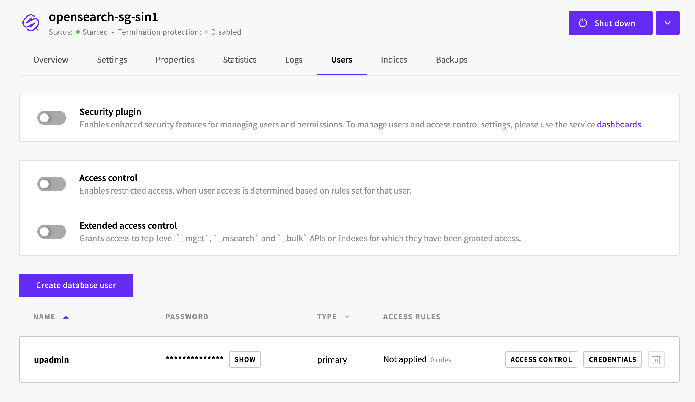The Users tab showing OpenSearch dashboard credentials