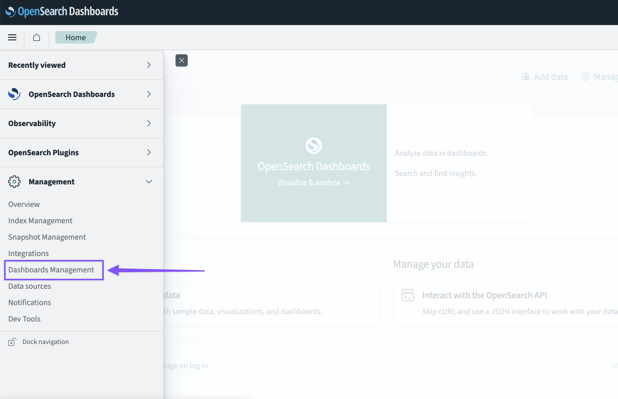 OpenSearch dashboard menu with 'Management' section highlighted