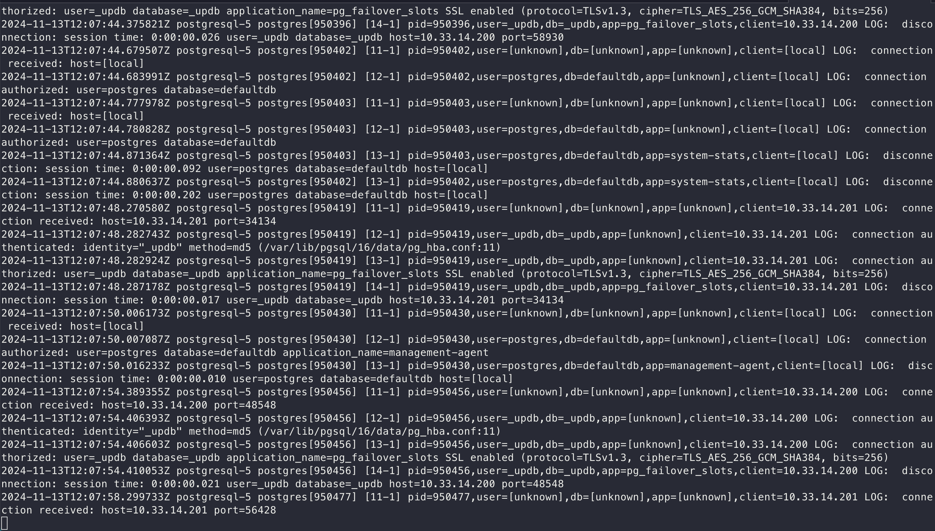 Terminal window showing real-time log entries in syslog