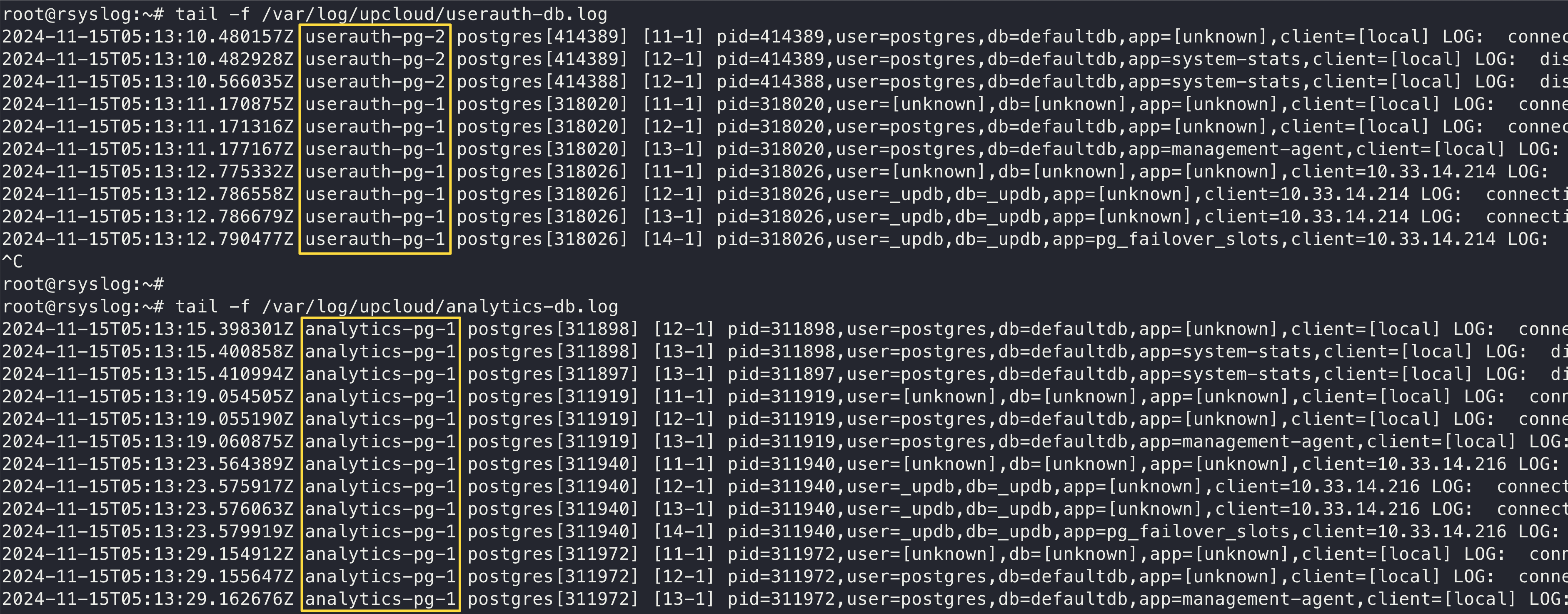Terminal showing separate log files for different databases
