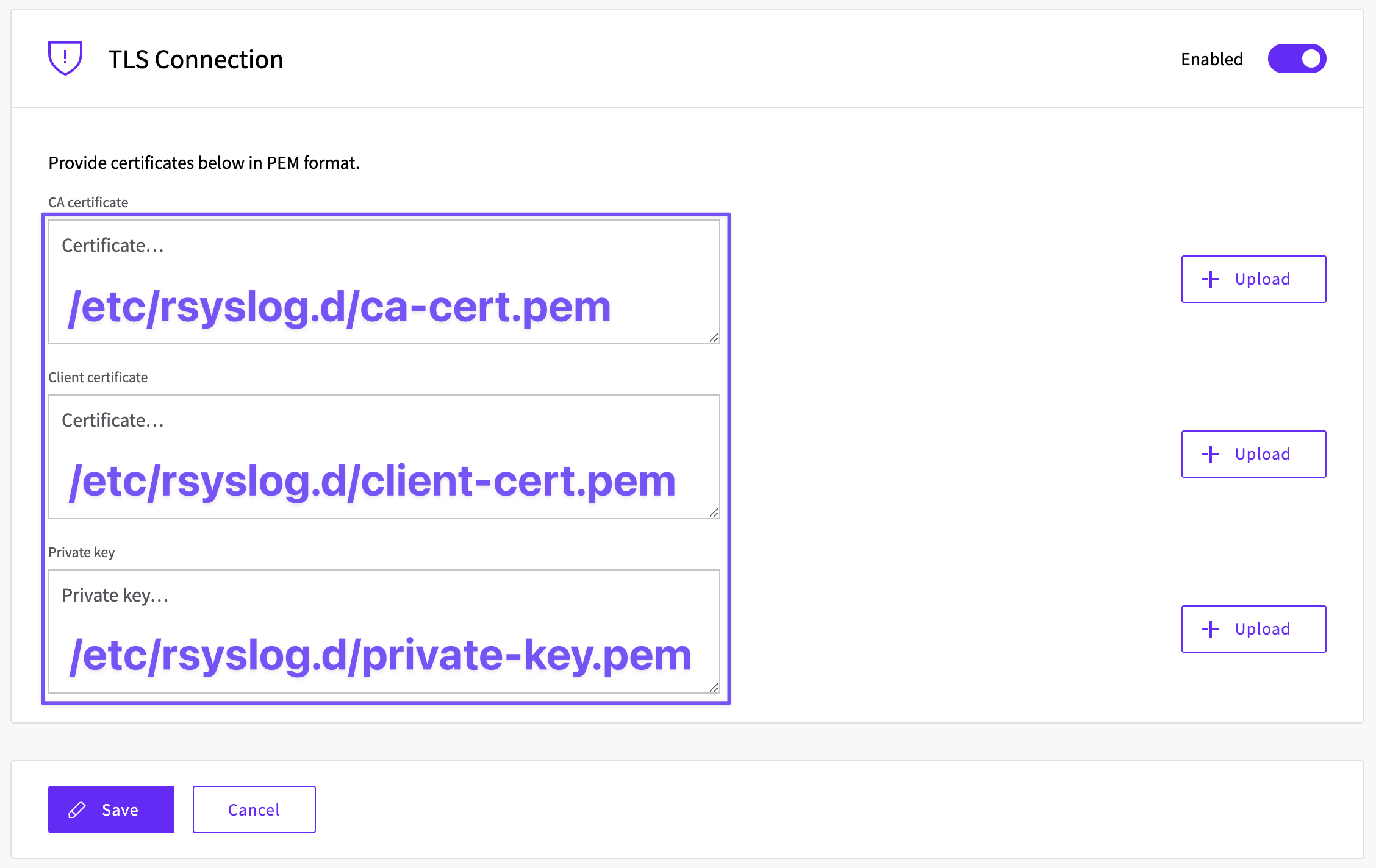 TLS certificate input fields in the UpCloud Control Panel