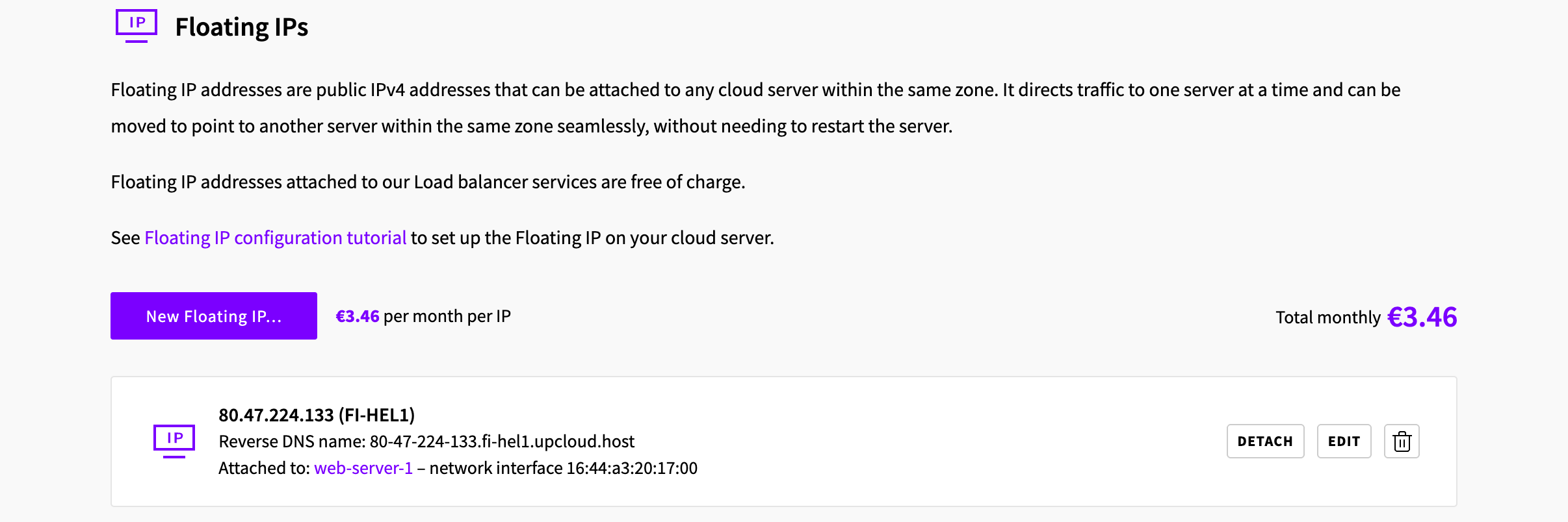 The new floating IP attached to a server