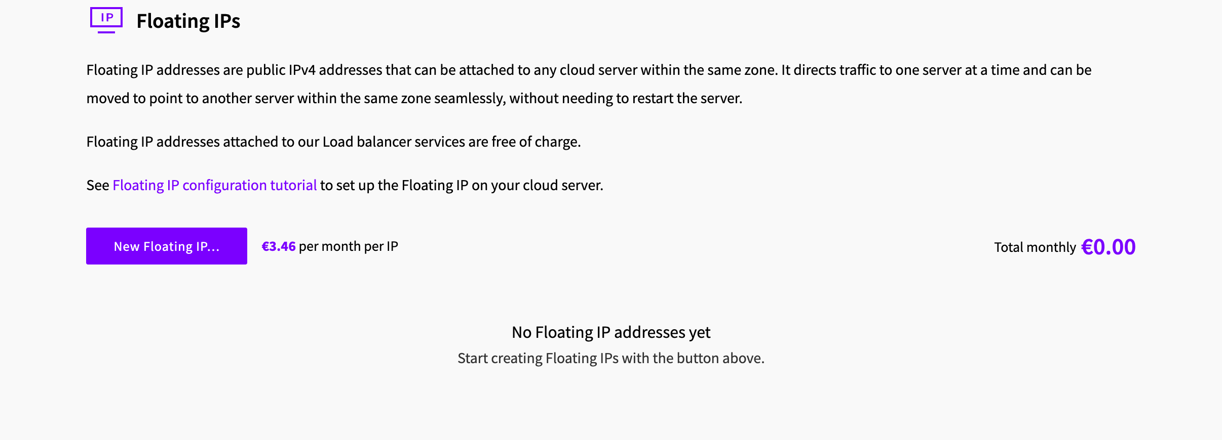 The Floating IPs page in the Control Panel