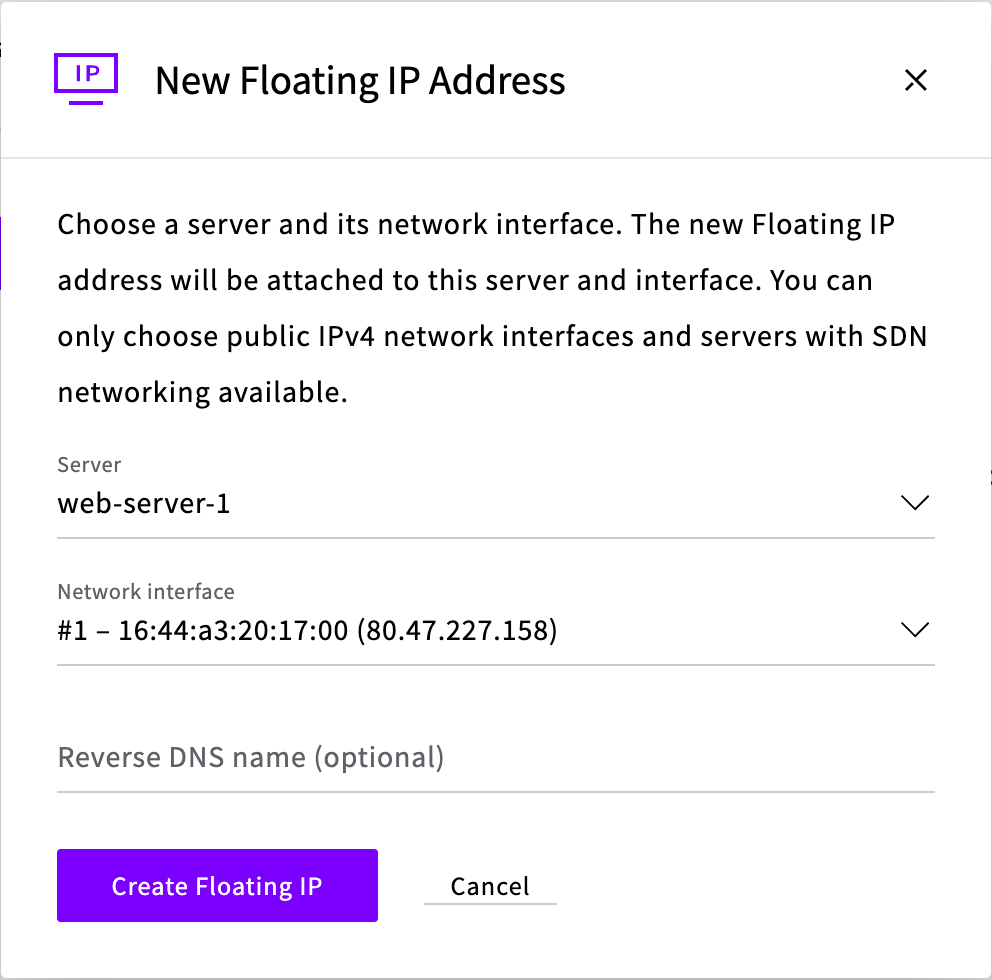 The New Floating IP Address dialog