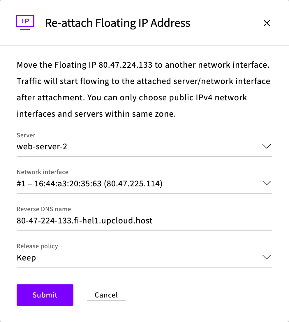 The Re-attach Floating IP Address dialog