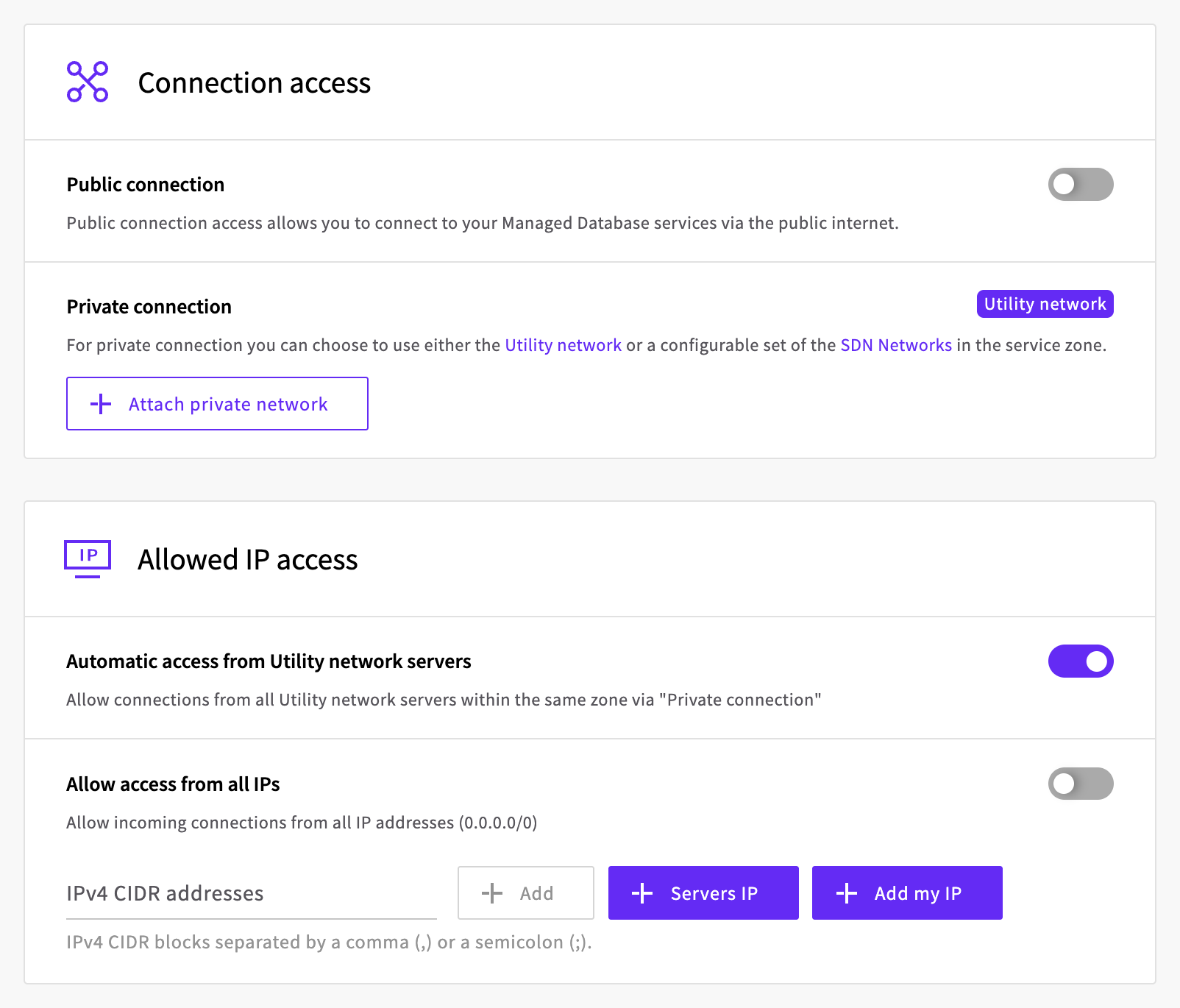 Connection access and Allowed IP access sections of the create form