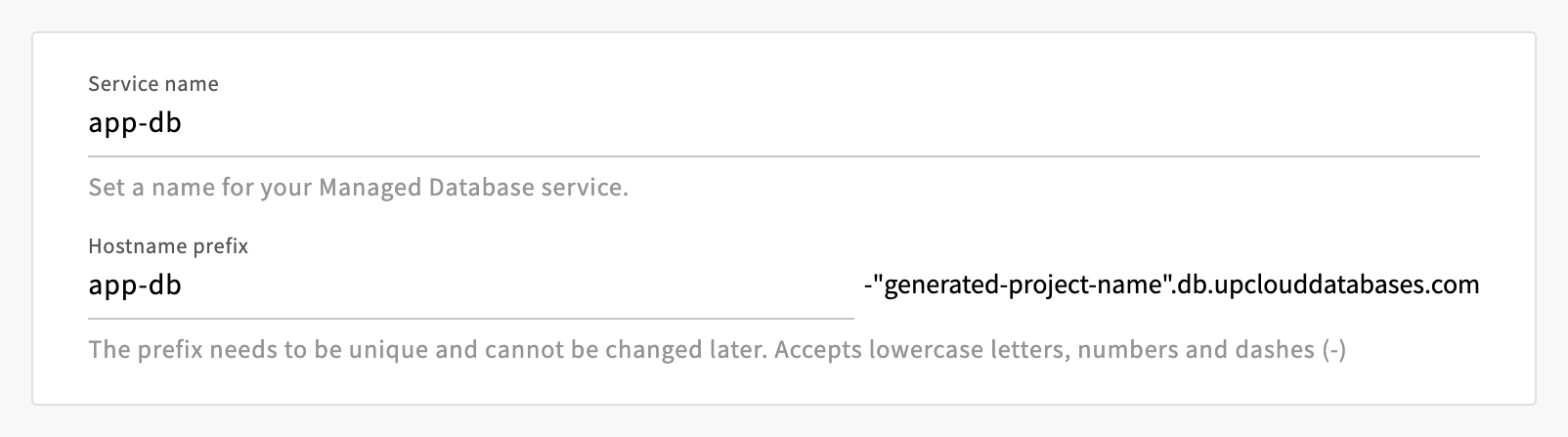 Service name and hostname prefix at the end of the create form