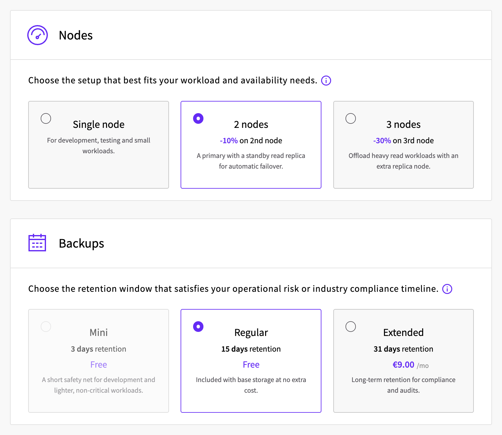 Nodes and Backups sections of the create form