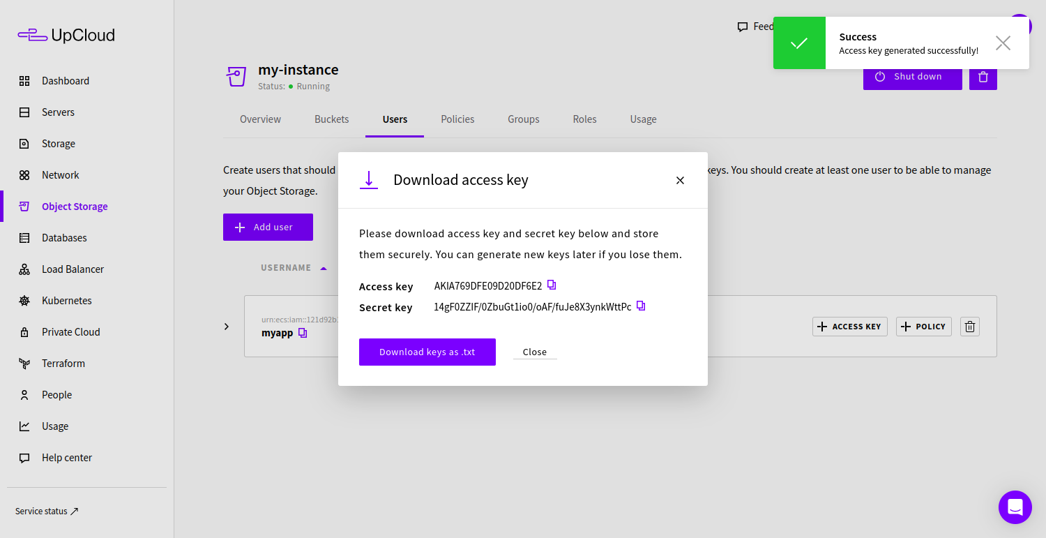 Downloading the Managed Object Storage access keys