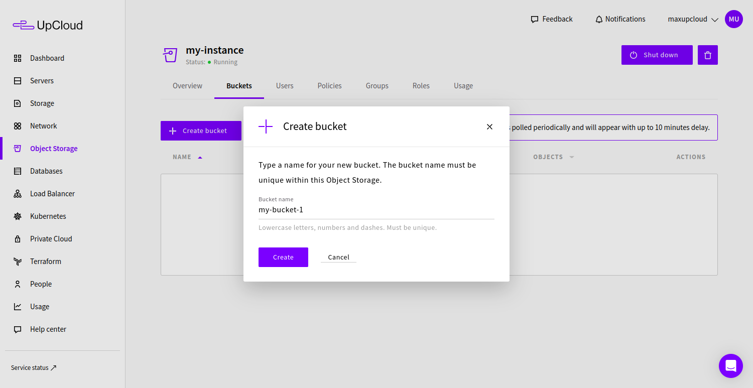 Creating a new Managed Object Storage bucket