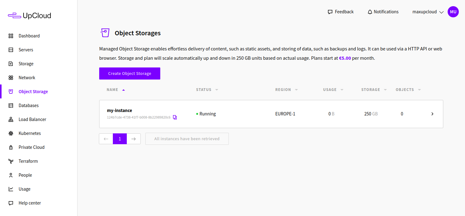 New Managed Object Storage instance ready