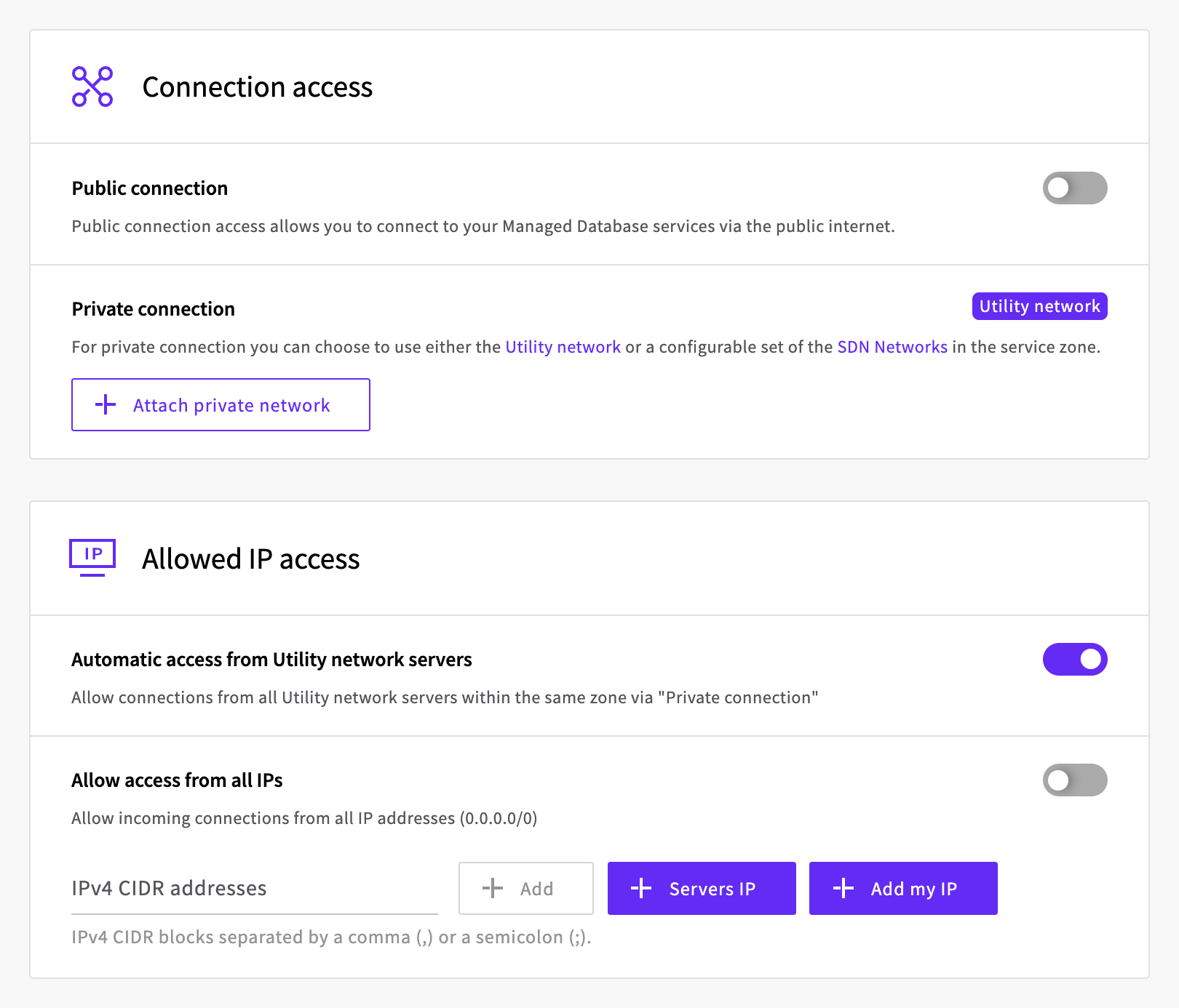 Connection access and Allowed IP access sections of the create form