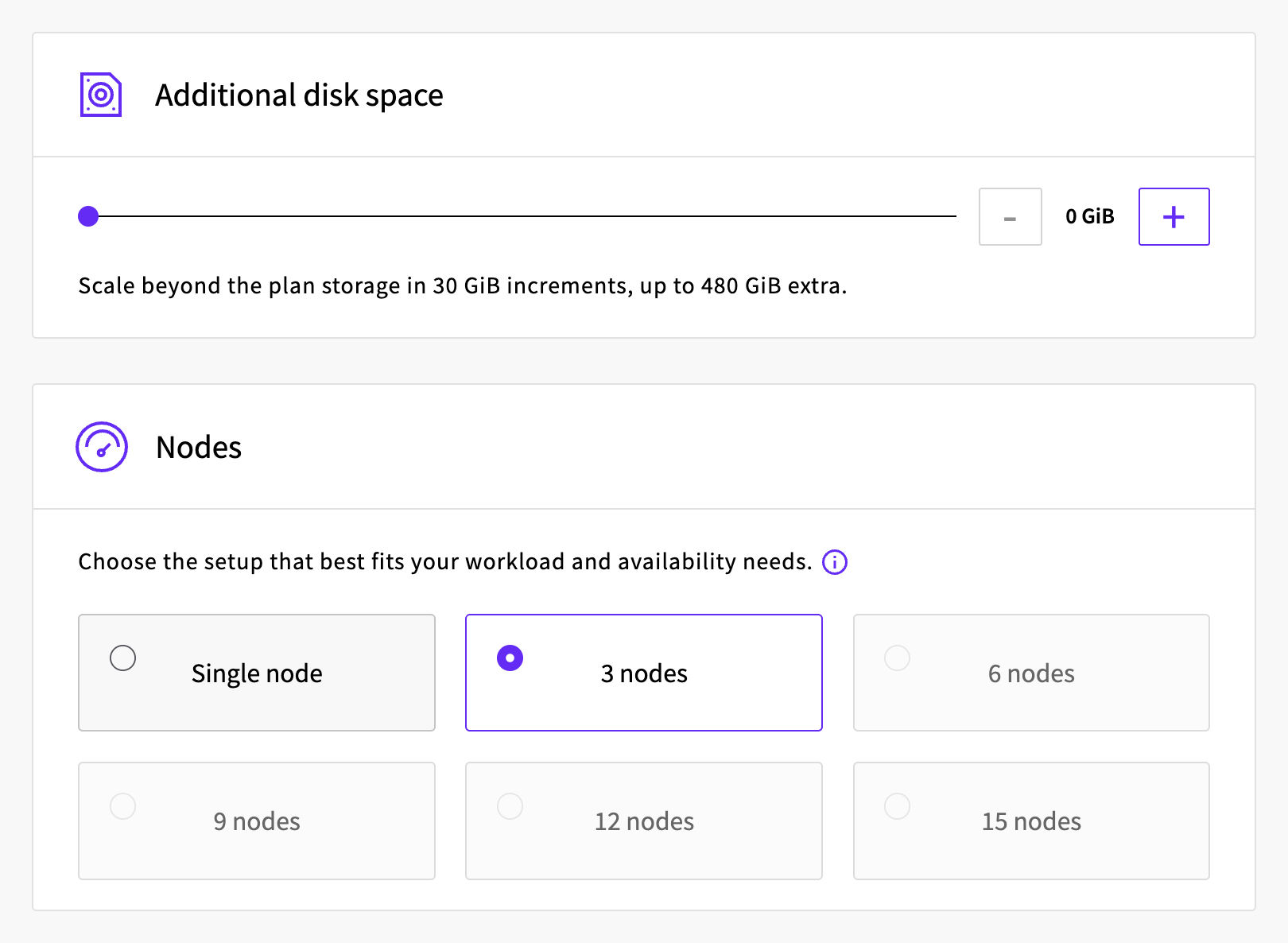 Additional disk space and Nodes sections of the create form