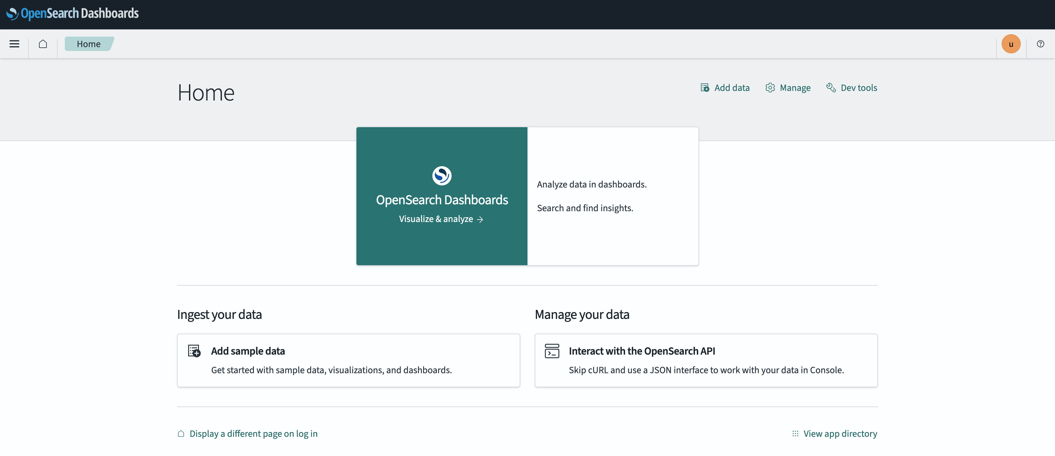OpenSearch Dashboards home page