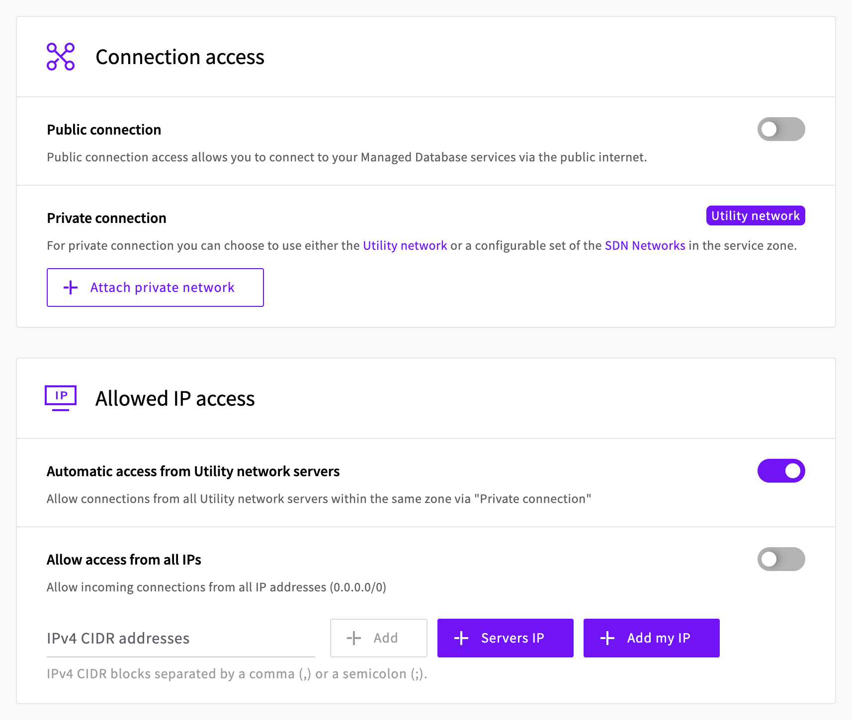 Connection access and Allowed IP access sections of the create form
