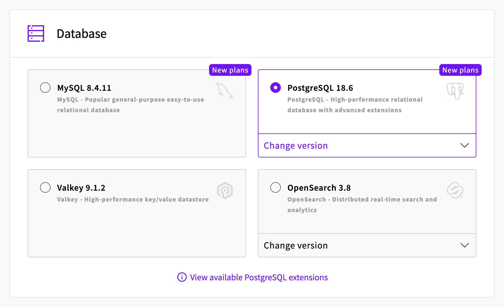 Database section of the create form with PostgreSQL selected